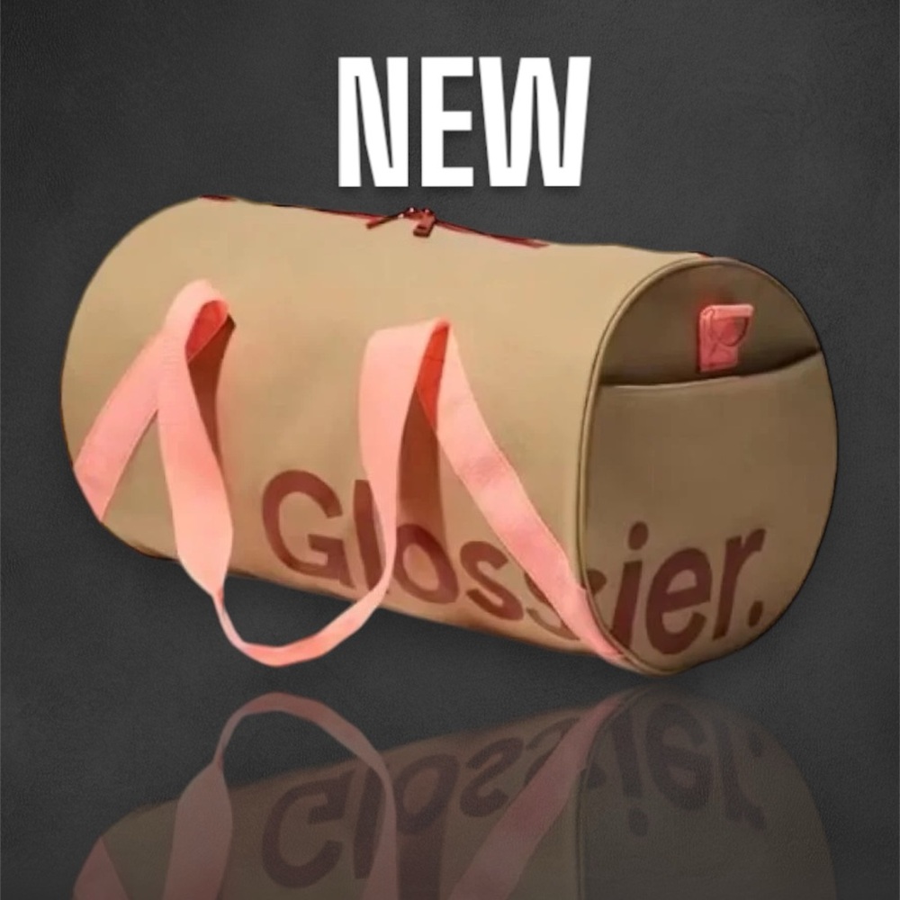 Glossier Duffle Beauty Bag Tote Medium Brown Pink Desert Rose Zip Canvas NEW!